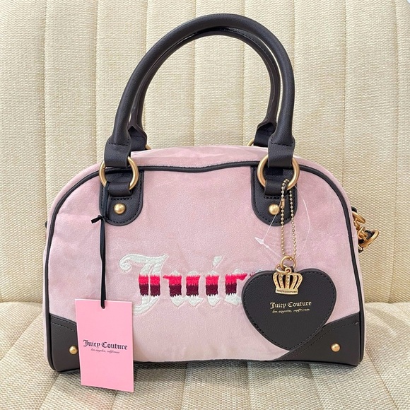 Juicy Couture Handbags - NEW Juicy Couture Pink Velour Satchel Bowler Bag Brown Trim Crossbody Heart